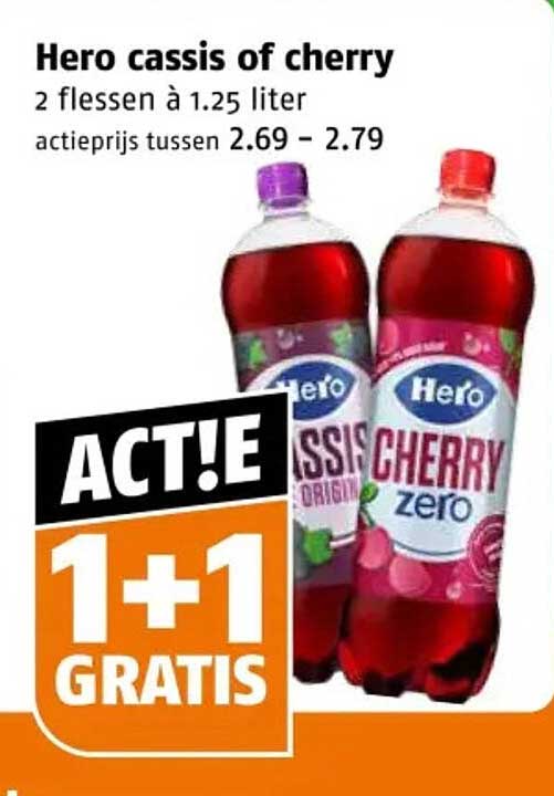 Hero cassis of cherry 2 flessen à 1.25 liter 1+1 GRATIS