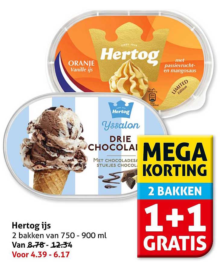 Hertog ijs 2 bakken 1+1 gratis