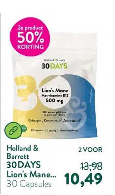 Holland & Barrett 30 DAYS Lion's Mane... 30 Capsules 2 voor 50% korting