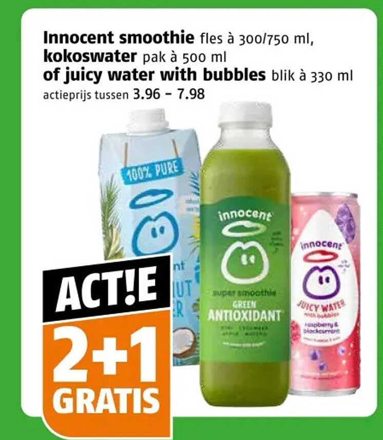 Innocent smoothie fles à 300/750 ml, kokoswater pak à 500 ml of juicy water with bubbles blik à 330 ml 2+1 gratis