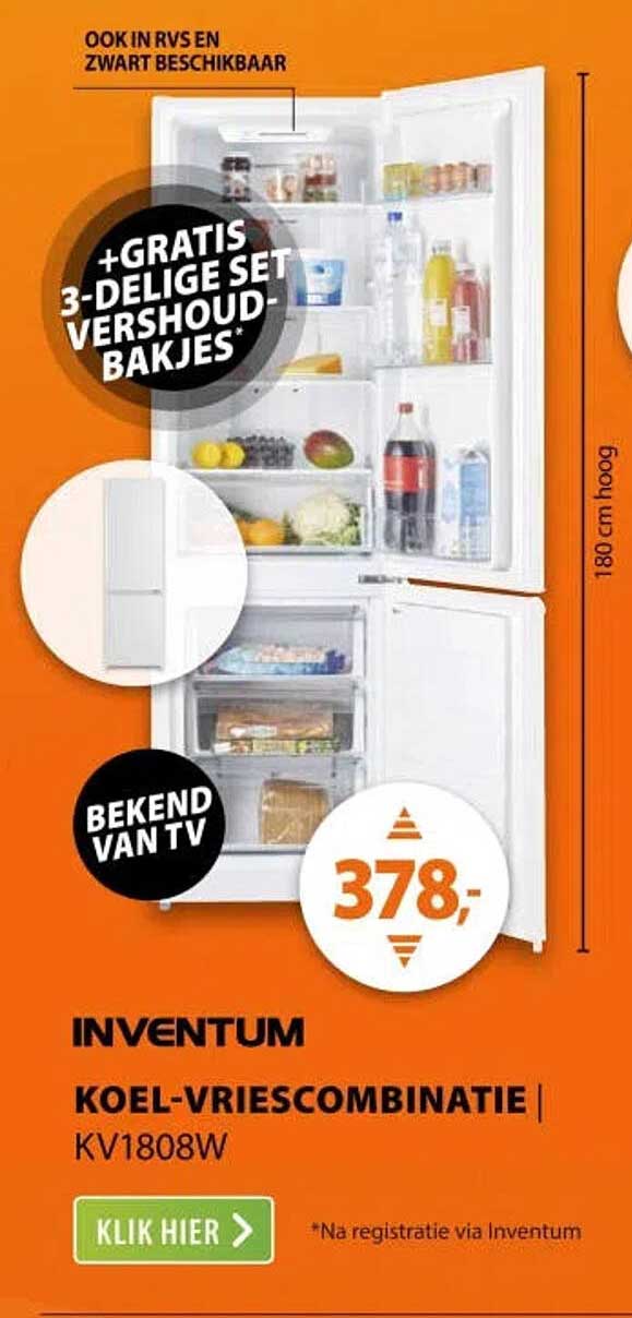 INVENTUM KOEL-VRIESCOMBINATIE | KV1808W +GRATIS 3-DELIGE SET VERSHOUD-BAKJES*