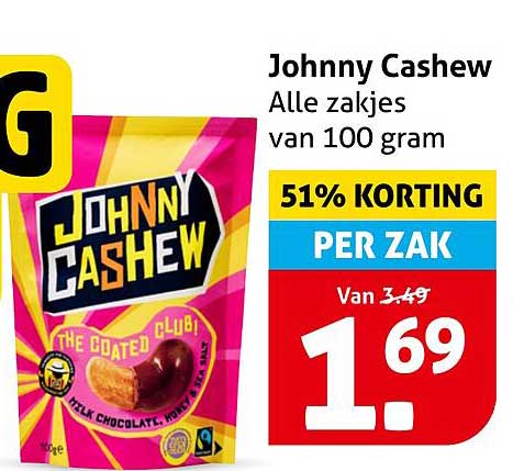 Johnny Cashew Alle zakjes van 100 gram 51% KORTING PER ZAK