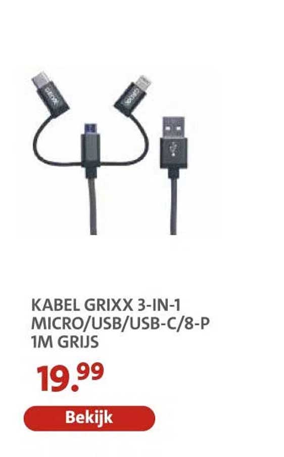 KABEL GRIXX 3-IN-1 MICRO/USB/USB-C/8-P 1M GRIJS