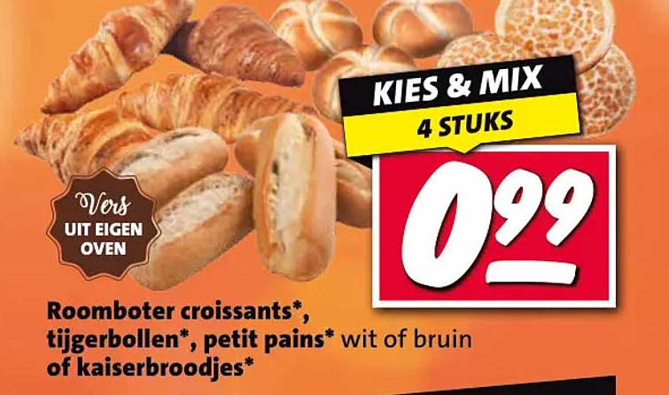 KIES & MIX 4 STUKS Roomboter croissants*, tijgerbollen*, petit pains* wit of bruin of kaiserbroodjes*
