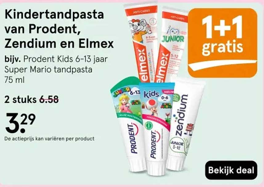 Kindertandpasta van Prodent, Zendium en Elmex 1+1 gratis