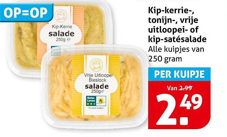 Kip-kerrie-, tonijn-, vrije uitloopei- of kip-satésalade