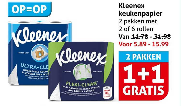 Kleenex keukenpapier 2 pakken met 2 of 6 rollen 1+1 gratis