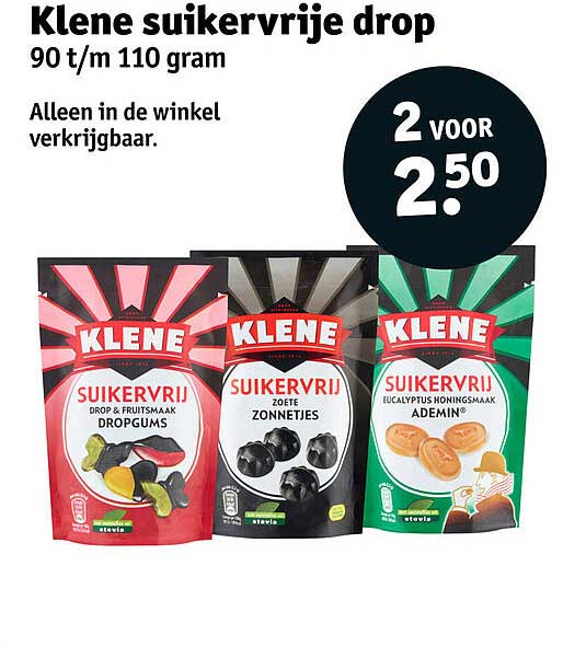 Klene suikervrije drop 90 t/m 110 gram 2 voor 2.50