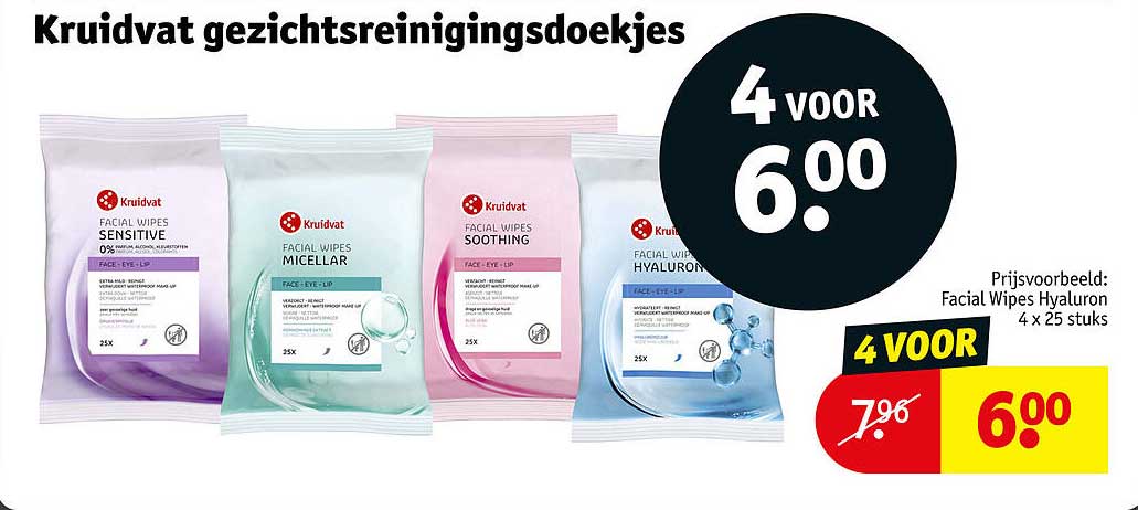 Kruidvat gezichtsreinigingsdoekjes 4 voor 6.00