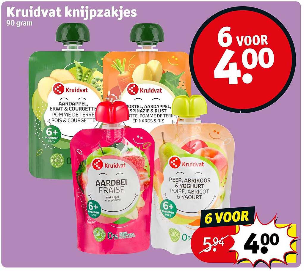 Kruidvat knijpzakjes 90 gram 6 voor 4.00