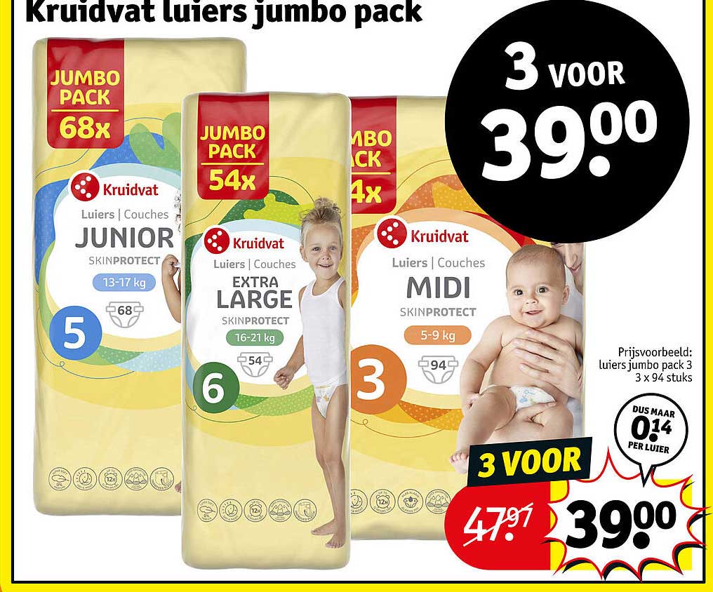 Kruidvat luiers jumbo pack 3 voor 39.00
