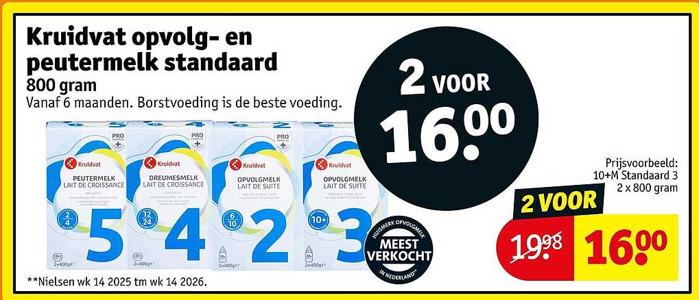 Kruidvat opvolg- en peutermelk standaard 800 gram 2 voor 16.00