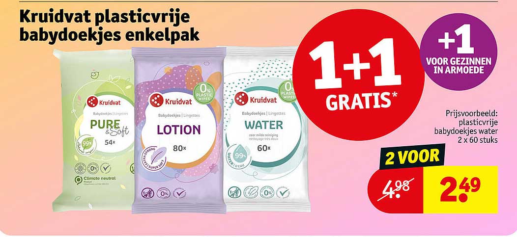 Kruidvat plasticvrije babdoekjes enkelpak 1+1 GRATIS