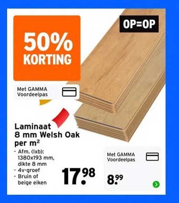 Laminaat 8 mm Welsh Oak per m² 50% korting