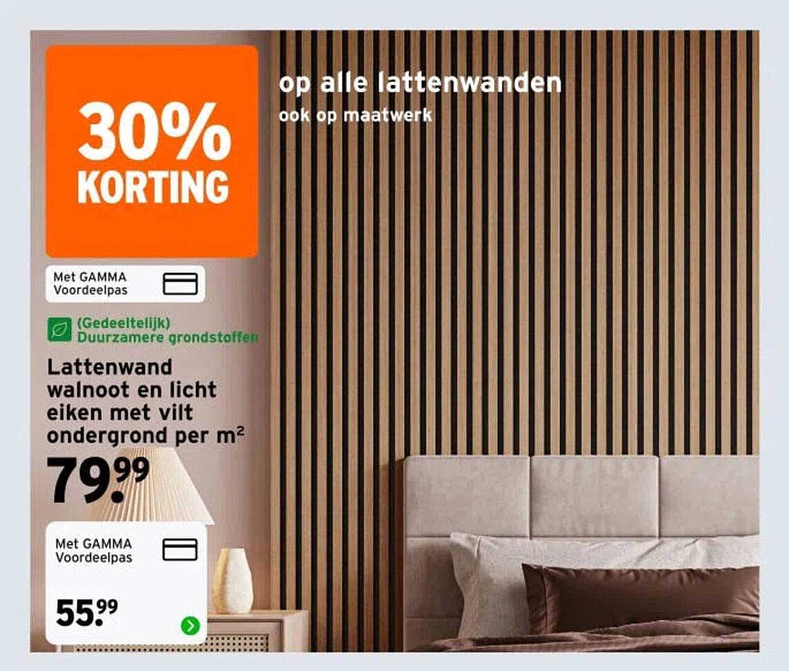 Lattenwand walnoot en licht eiken met vilt ondergrond per m² 30% korting