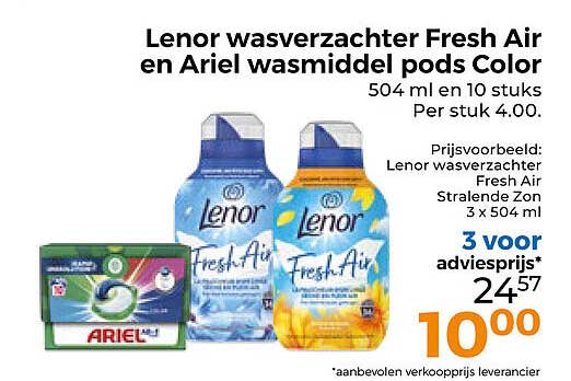 Lenor wasverzachter Fresh Air en Ariel wasmiddel pods Color