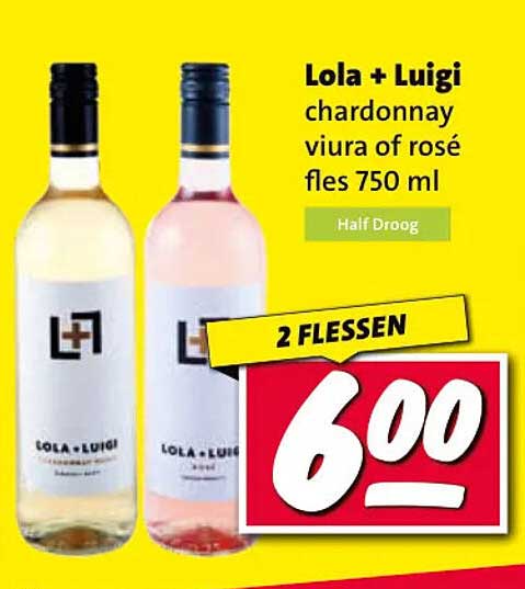 Lola + Luigi chardonnay viura of rosé fles 750 ml Half Droog 2 FLESSEN