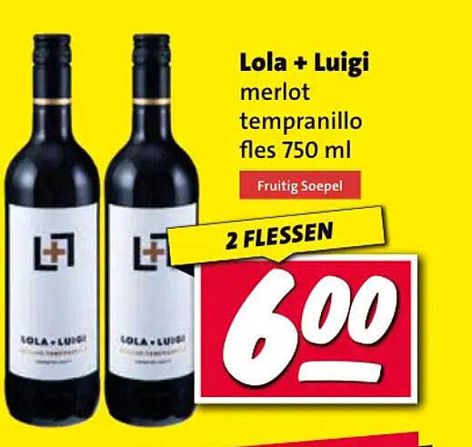 Lola + Luigi merlot tempranillo fles 750 ml Fruitig Soepel 2 flessen