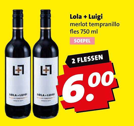 Lola + Luigi merlot tempranillo fles 750 ml SOEPEL 2 FLESSEN