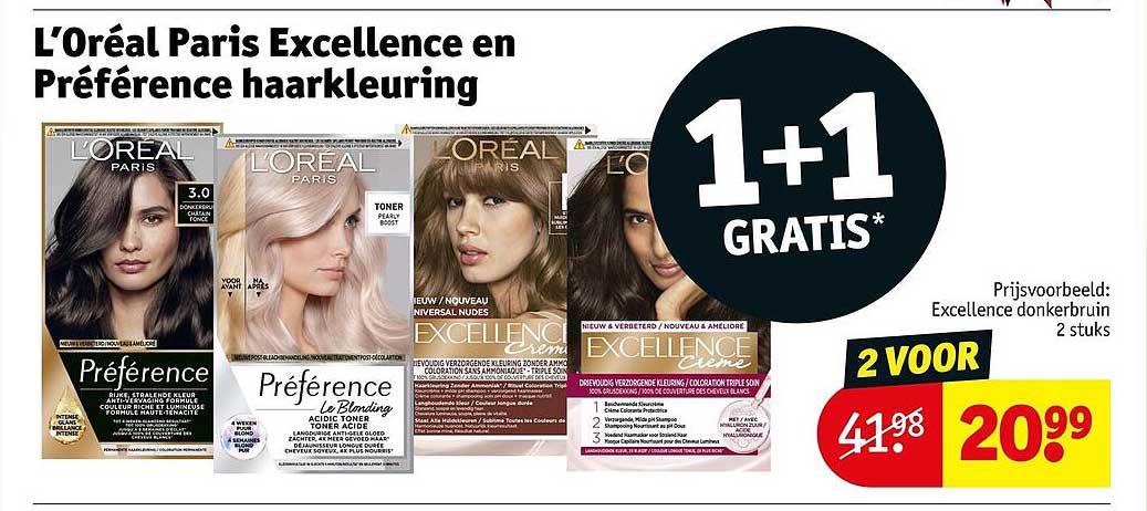 L'Oréal Paris Excellence en Préférence haarkleuring 1+1 GRATIS*