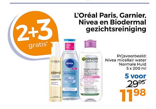 L’Oréal Paris, Garnier, Nivea en Biodermal gezichtsreiniging 2+3 gratis