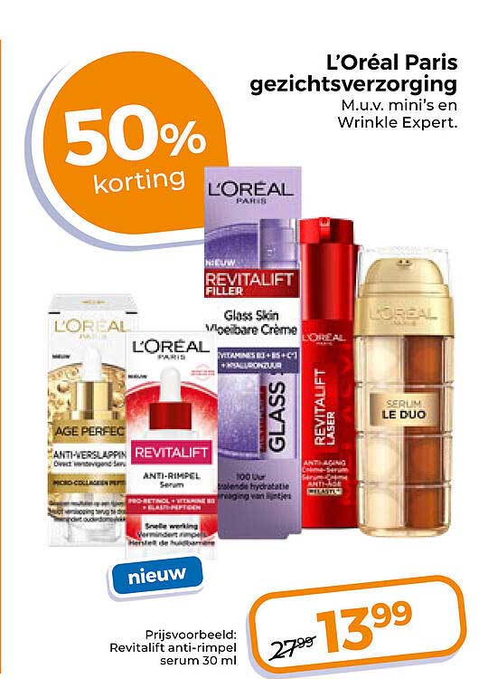 L’Oréal Paris gezichtsverzorging M.u.v. mini’s en Wrinkle Expert. 50% korting nieuw