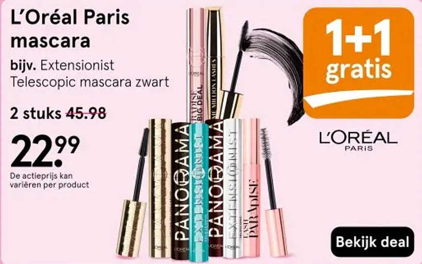 L'Oréal Paris mascara bijv. Extensionist Telescopic mascara zwart 1+1 gratis