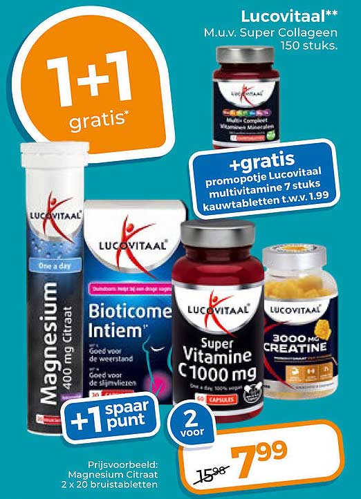 Lucovitaal** M.u.v. Super Collageen 150 stuks. 1+1 gratis* +gratis promotipje Lucovitaal multivitamine 7 stuks kauwtabletten t.w.v. 1,99 +1 spaar punt