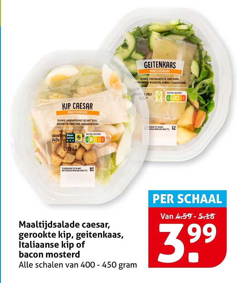 Maaltijdsalade caesar, gerookte kip, geitenkaas, Italiaanse kip of bacon mosterd
