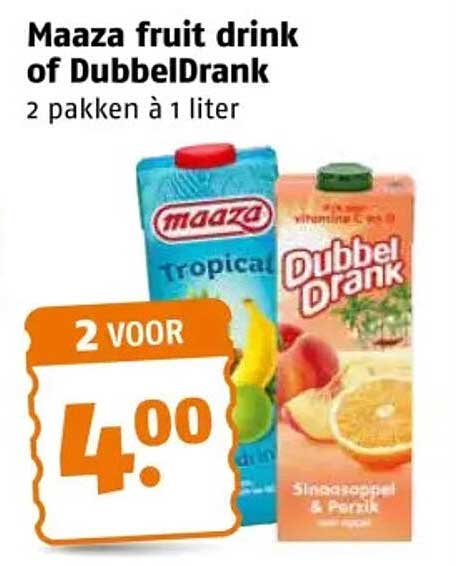 Maaza fruit drink of DubbelDrank 2 pakken à 1 liter 2 voor