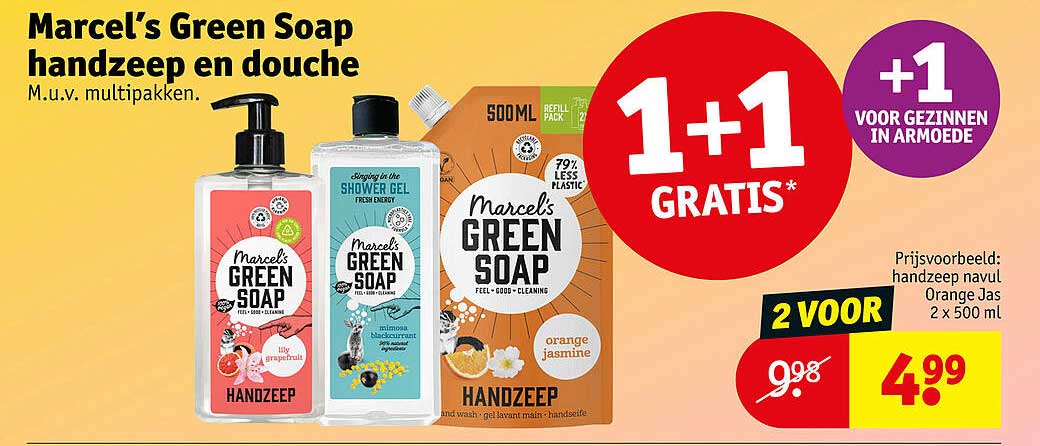Marcel’s Green Soap handzeep en douche M.u.v. multipakken. 1+1 GRATIS