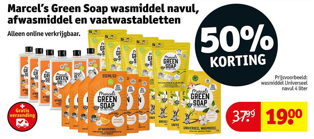 Marcel's Green Soap wasmiddel navul, afwasmiddel en vaatwastabletten 50% korting