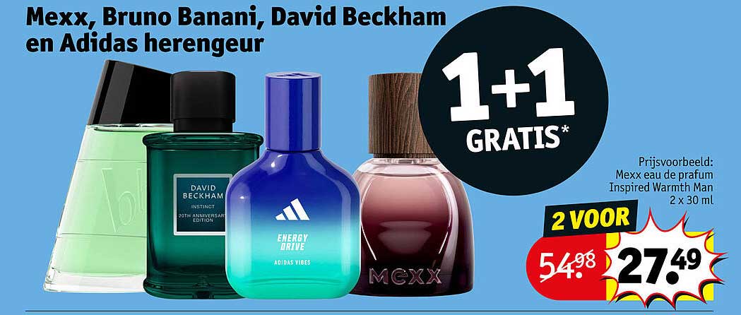 Mexx, Bruno Banani, David Beckham en Adidas herengeur 1+1 gratis
