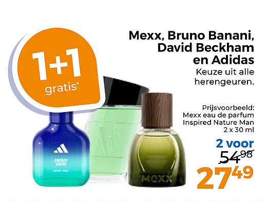 Mexx, Bruno Banani, David Beckham en Adidas Keuze uit alle herengeuren 1+1 gratis