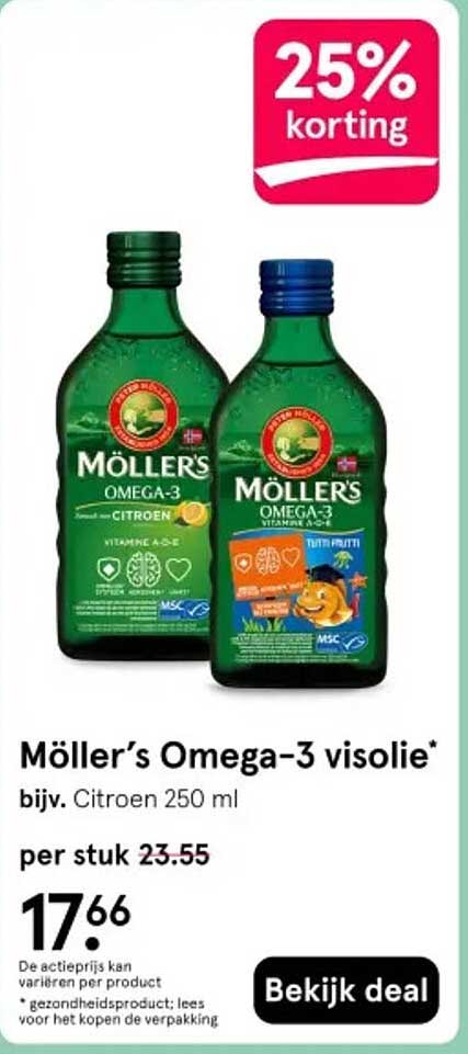 Möller’s Omega-3 visolie* bijv. Citroen 250 ml 25% korting