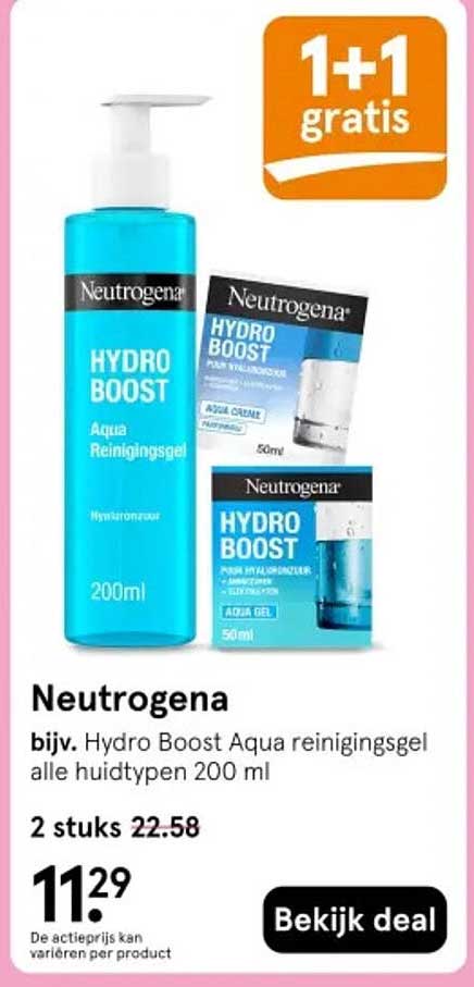 Neutrogena bijv. Hydro Boost Aqua reinigingsgel alle huidtypen 200 ml 1+1 gratis