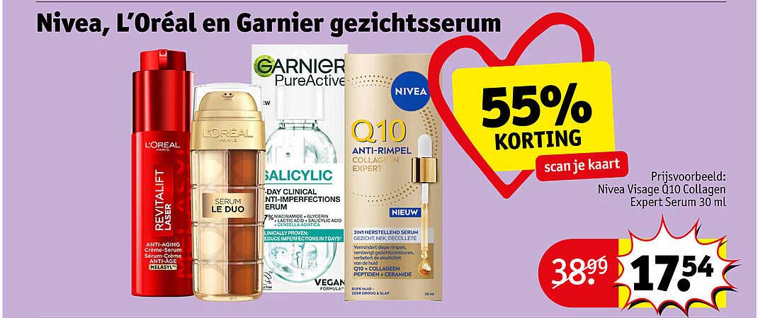 Nivea, L’Oréal en Garnier gezichtsserum 55% KORTING scan je kaart