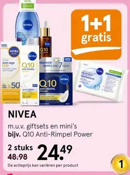 NIVEA m.u.v. giftsets en mini’s bijv. Q10 Anti-Rimpel Power 1+1 gratis