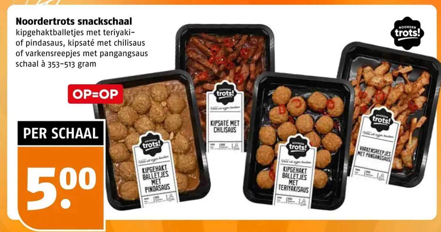 Noordertrots snackschaal kipgehaktballetjes met teriyakisaus of pindasaus, kipsaté met chilisaus of varkensreepjes met pangangsaus schaal à 353-513 gram OP=OP