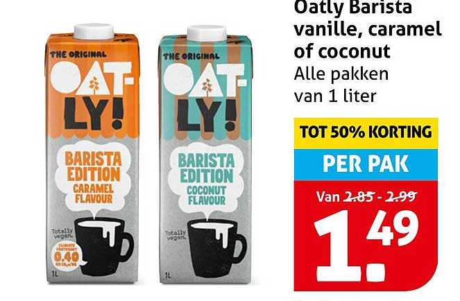 Oatly Barista vanille, caramel of coconut Alle pakken van 1 liter TOT 50% KORTING PER PAK