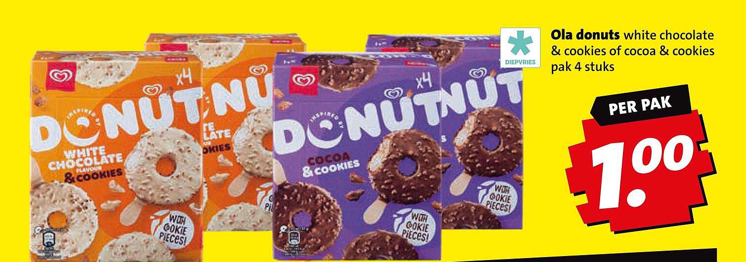Ola donuts white chocolate & cookies of cocoa & cookies pak 4 stuks
