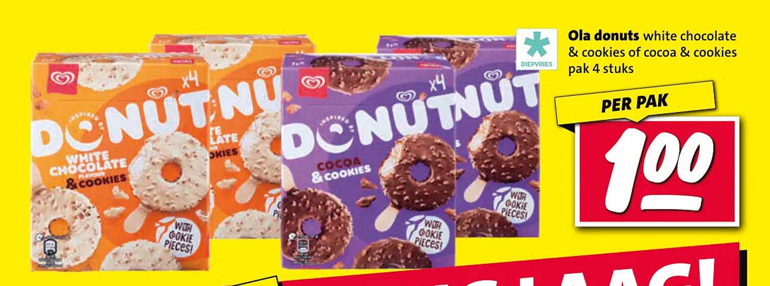 Ola donuts white chocolate & cookies of cocoa & cookies pak 4 stuks