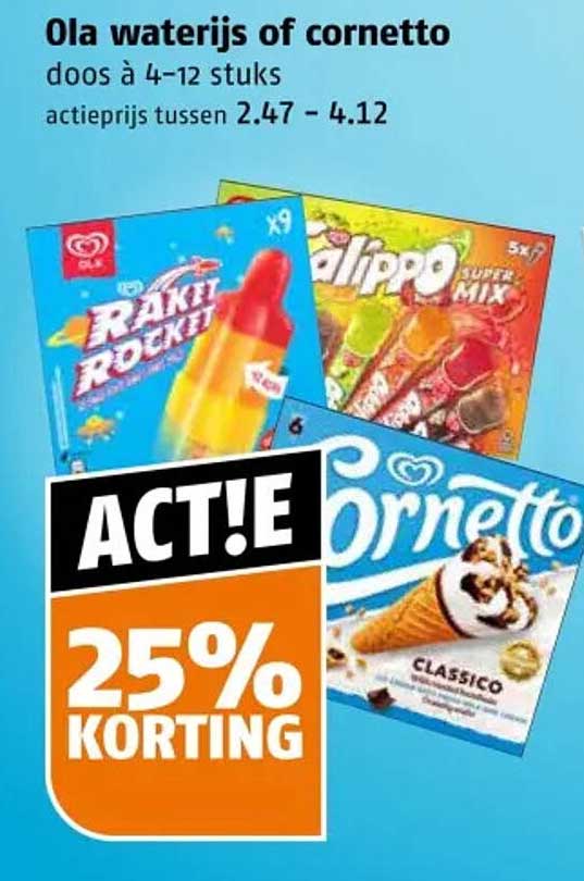 Ola waterijs of cornetto doos à 4-12 stuks ACT!E 25% KORTING