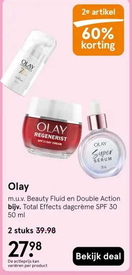 Olay m.u.v. Beauty Fluid en Double Action bijv. Total Effects dagcrème SPF 30 50 ml 2e artikel 60% korting