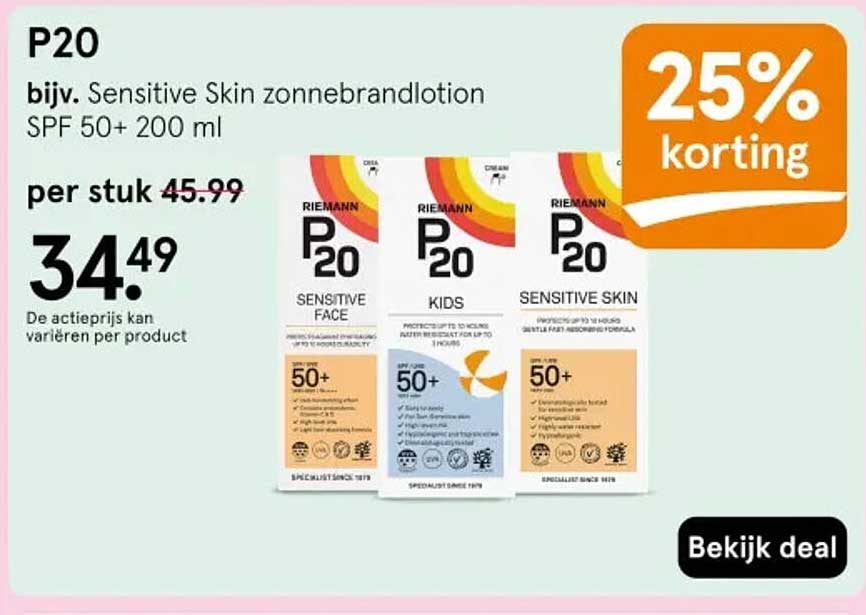 P20 bijv. Sensitive Skin zonnebrandlotion SPF 50+ 200 ml 25% korting