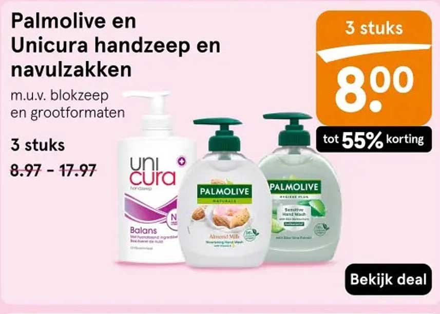 Palmolive en Unicura handzeep en navulzakken