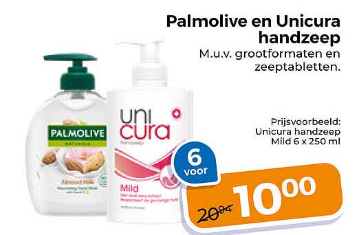 Palmolive en Unicura handzeep M.u.v. grootformaten en zeeptabletten. 6 voor