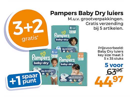 Pampers Baby Dry luiers 3+2 gratis +1 spaarpunt