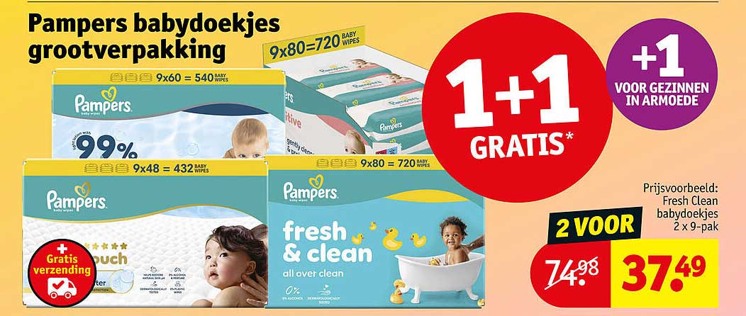 Pampers babydoekjes grootverpakking 1+1 gratis