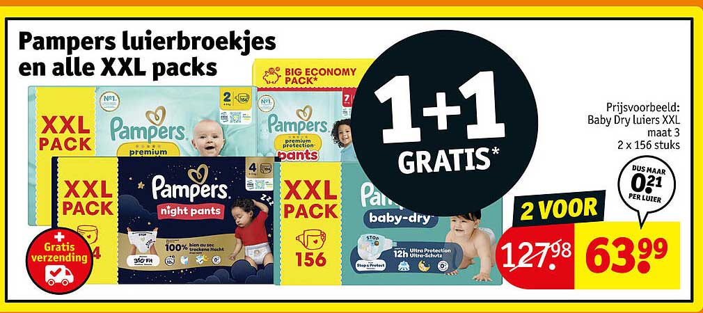 Pampers luiersbroekjes en alle XXL packs 1+1 GRATIS*